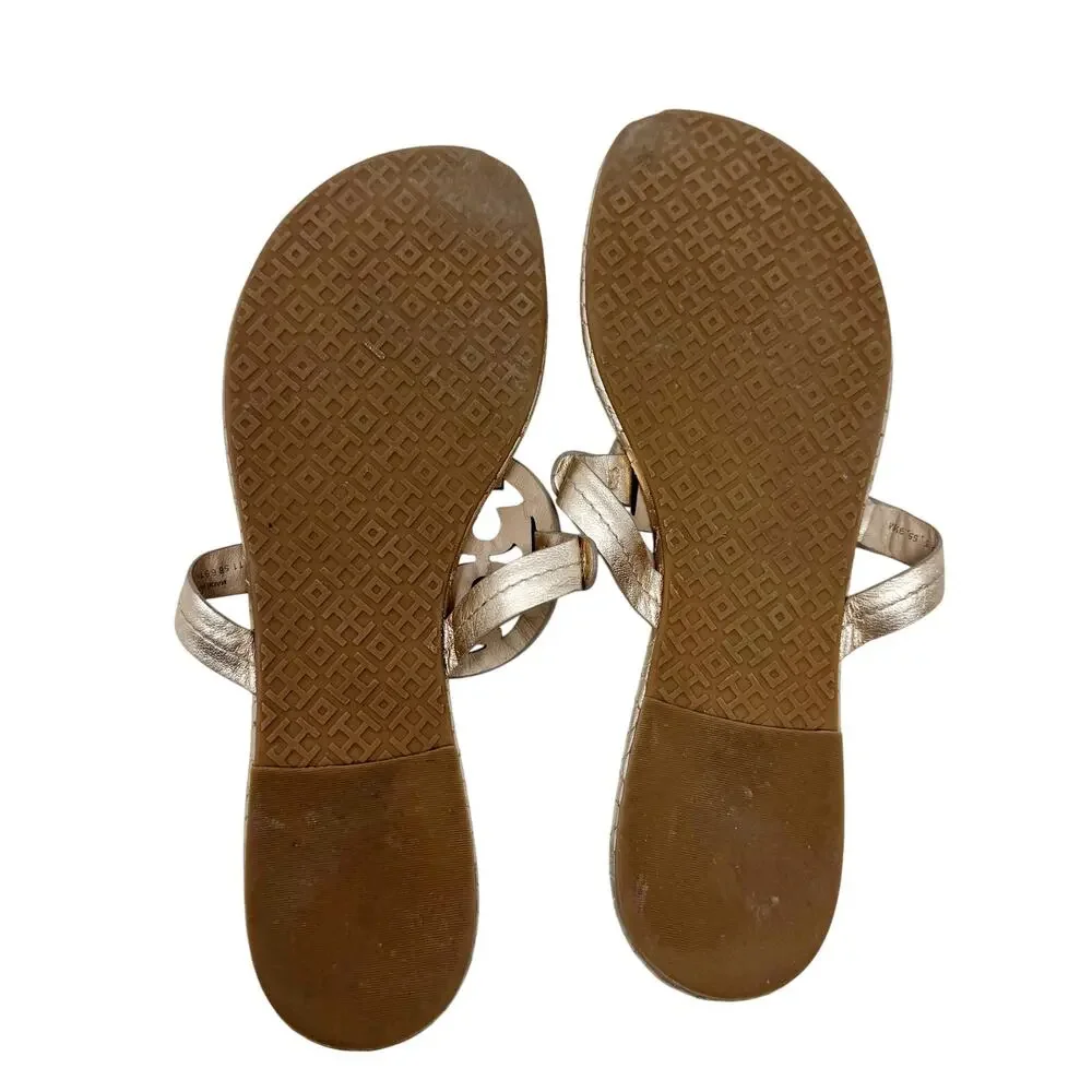 Tory Burch Miller Marion Gold Metallic Quilted Leather Logo Sandals Size 9.5